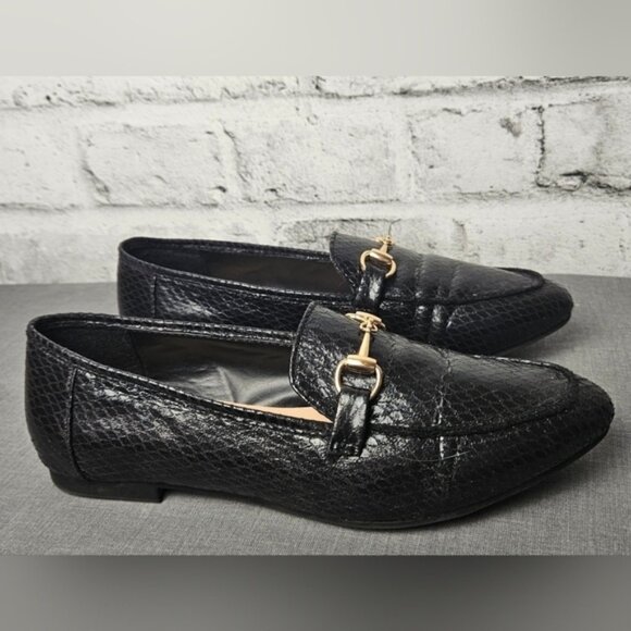 Chic Black Faux Snakeskin Loafers | Gold Bit Detail | Classic Size 8 Flats - Picture 6 of 11
